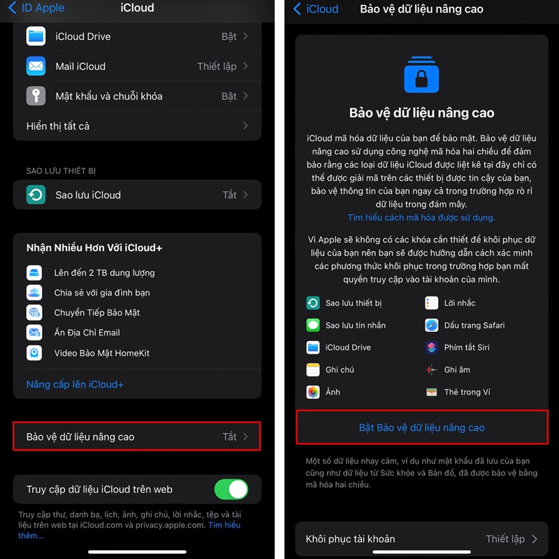 cách bật bảo vệ dữ liệu nâng cao trong icloud