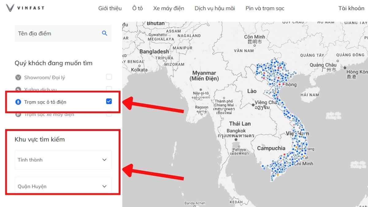 Cách tìm trạm sạc ô tô điện Vinfast