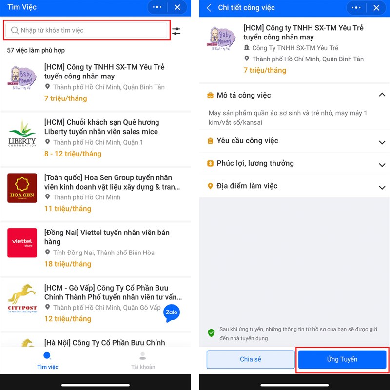 cách tìm việc làm trên zalo